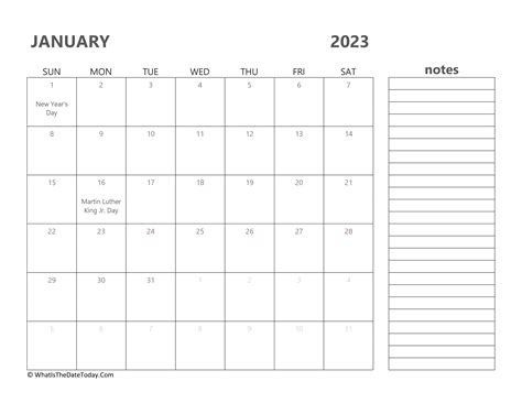 Editable January 2023 Calendar With Holidays And Notes