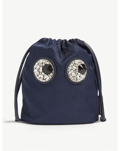 Anya Hindmarch Crystal Eyes Drawstring Satin Pouch In Navy Blue Lyst