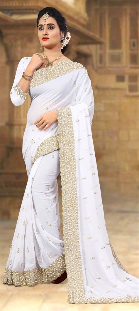 1528777 Wedding White And Off White Color Georgette Fabric Saree
