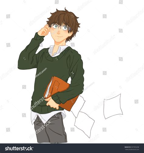 Cute Cartoon Boy Brown Hair Wearing Stock Vector 307955258