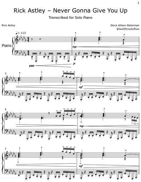 Rick Astley Never Gonna Give You Up Sheet Music For Piano