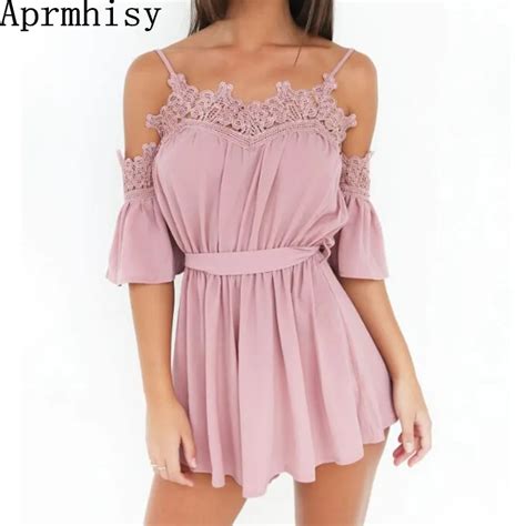 aprmhisy 2018 women lace rompers casual summer jumpsuits summer short pink white wrap beach