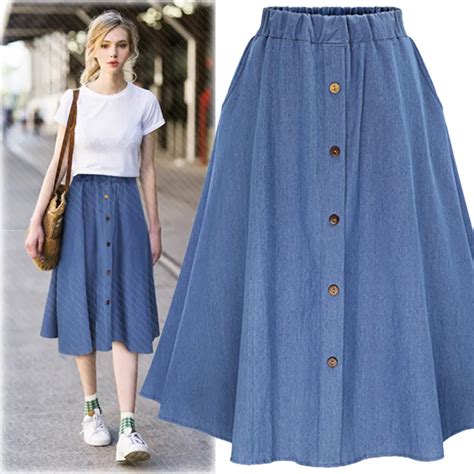 Women Denim Long Skirt European Korean Style A Line Female Big Hem