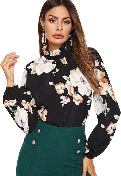 floerns women s floral print high neck long sleeve chiffon blouse amazon ca clothing and accessories