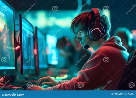 Young Caucasian Gamer With Headset Playing Video Games With Computer