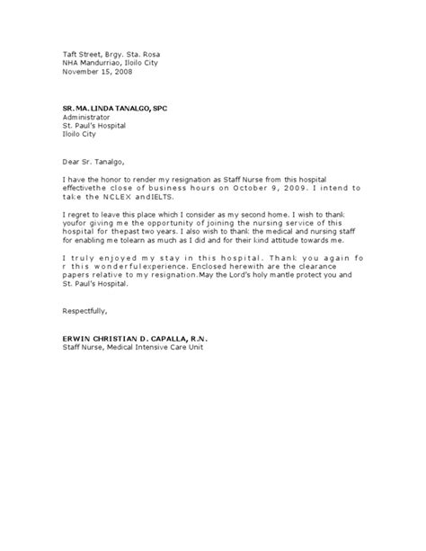 Resignation Letter For Staff Nurse Sample Resignation Letter