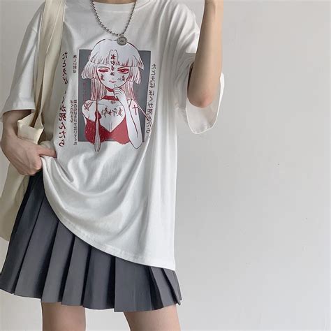 Harajuku Kawaii Anime Printed T Shirt Gothic Oversized Black Tee