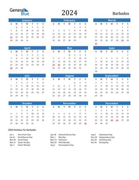 2024 Barbados Calendar With Holidays