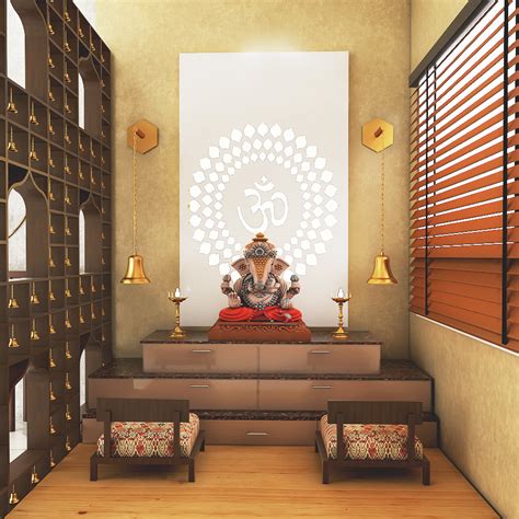 Wooden Partition Modern Spacious Pooja Room Design With 3 Step Storage