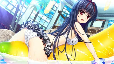 fondos de pantalla pelo largo anime chicas anime pelo oscuro ojos rojos sostén piscina