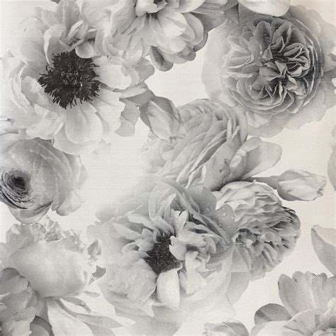 Monochrome Black White Silver Large Floral Wallpaper