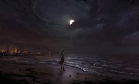 прогулка берег ночь море девушка прибой арт песок луна