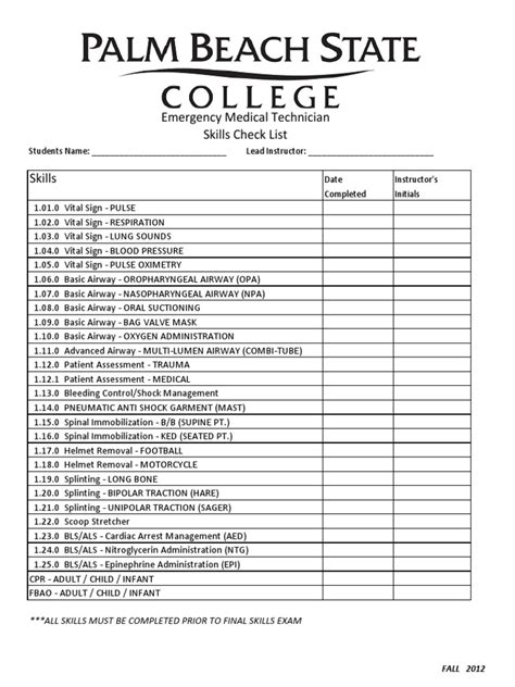 Emt Skill Sheets Pulse Emergency Medical Technician