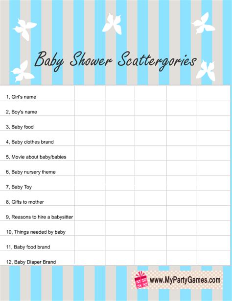 Free Printable Baby Shower Scattergories Game For Boy And