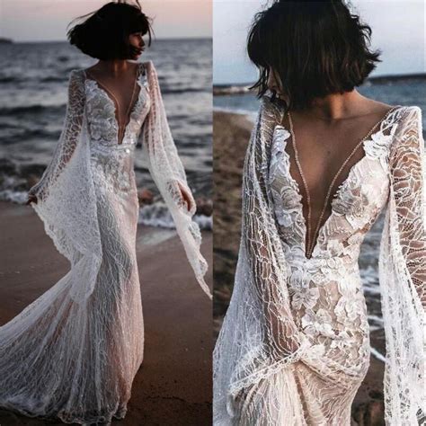 Umk Luxury Lace Flare Sleeves Mermaid Wedding Dress Boho Beach Sexy