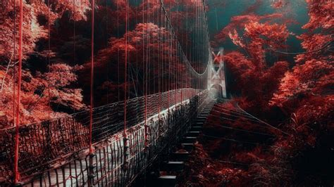 Bridge Between Red Autumn Trees Hd Dark Aesthetic Wallpapers Hd