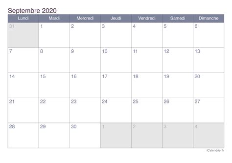 Calendrier Septembre 2020 à Imprimer Icalendrier