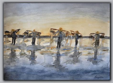 Akvarel Vijetnamski Radnici U Rudniku Soli Umjetnička Slika