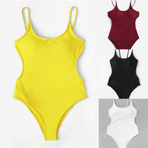 2019sexy Bikinis Set One Piece Ins Backless Yellow String Solid Simple