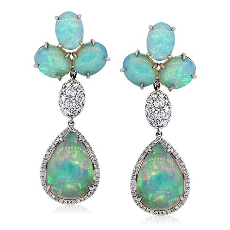 14k White Gold 31ct Cabochon Opals And Diamond Drop Dangle Earrings