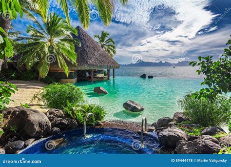 Large Outdoor Jacuzzi And Infinity Pool Over Tropical Ocean Tahiti