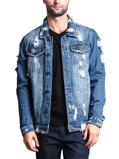 Victorious Mens Classic Distressed Denim Trucker Jean Jacket Dk100