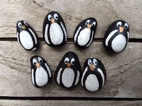 Hand Painted Pebble Penguins Pebble Painting Penguin Crafts Pebble Art