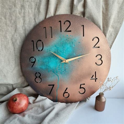 Large Copper Wall Clock Hand Painted Wall Clock Unique Teal Etsy