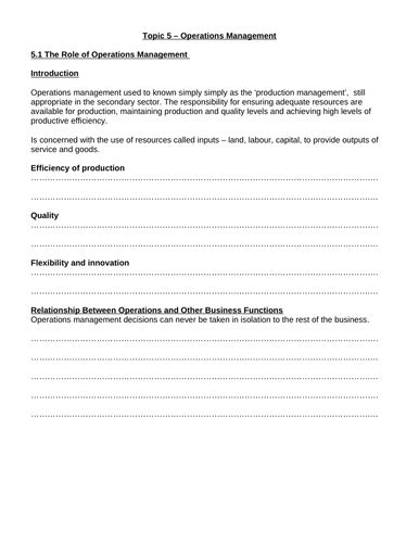 Ib Business Management Unit 5 Operations Management Worksheets