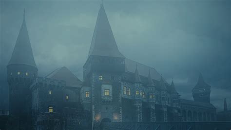 Transylvanian Castle At Night With Fog And Lightnings Stock Video