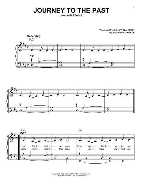 Journey To The Past From Anastasia Easy Piano Print Sheet Music