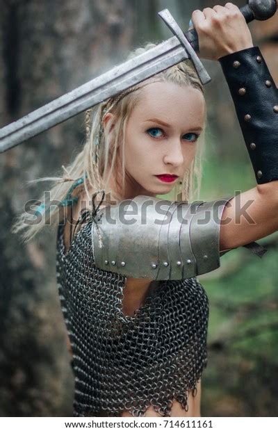 Beautiful Warrior Girl Sword Armor Model Stock Photo 714611161