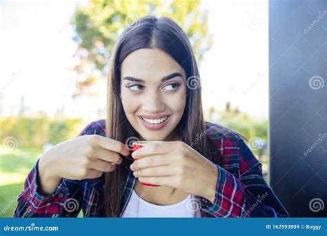 Young Woman Drinking Coffee In The Park Stock Image Image Of Relaxing