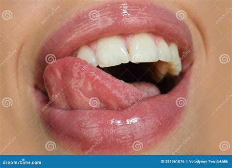 Art Red Lips Womans Open Mouth Licking Tongue Sticking Out Sensual Lick Stock Photo Image