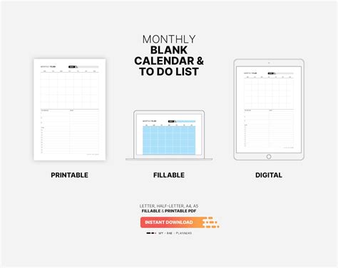 Blank Monthly Calendar And To Do List Undated Month At A Glance Planner