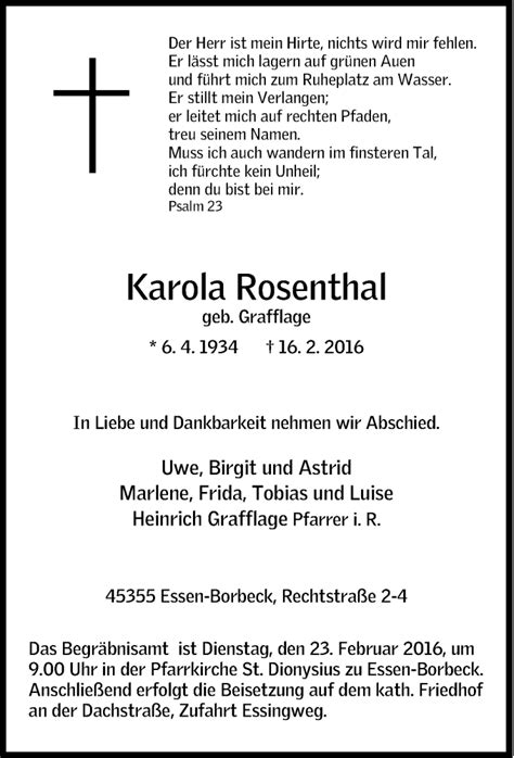 Traueranzeigen Von Karola Rosenthal Trauer In NRW De