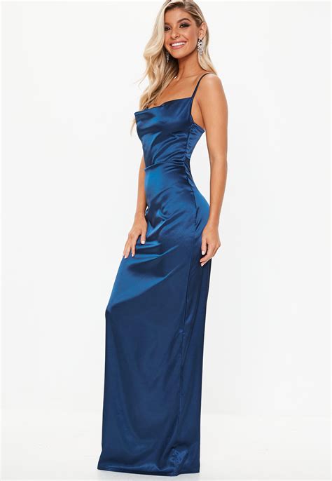 Buy Missguided Satin Cowl Neck Maxi Slip Dress In Blue Off 71
