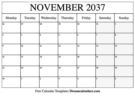 November 2037 Calendar Free Blank Printable With Holidays