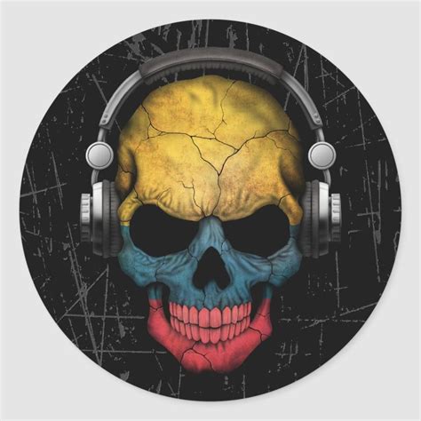 Scratched Colombian Dj Skull With Headphones Classic Round Sticker