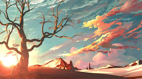 Red Sky Mountains Trees Digital Art Painting 4k Hd Artist