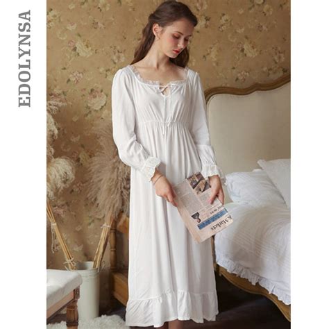 Sexy Slash Lace Up Sleep Wear Night Dress Vintage Nightgown Long Sleeve Nightdress White Cotton