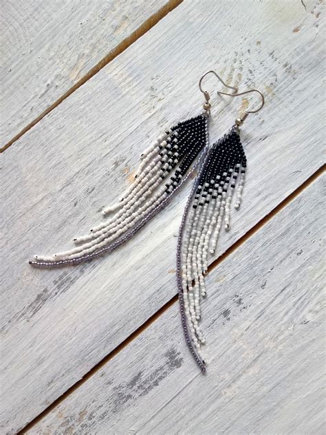 Black Earrings Angel Wings Seed Bead Earrings Fringe Etsy