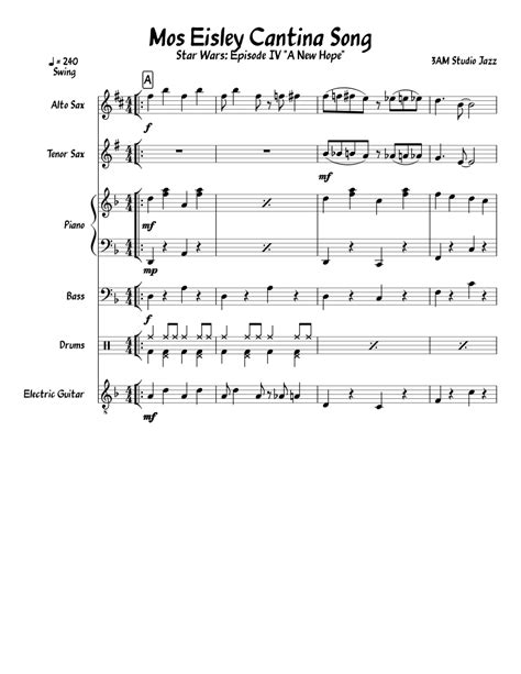 Music notation created and shared online with flat. Star Wars Mos Eisley Cantina Song (Episode IV) sheet music for Piano, Alto Saxophone, Tenor ...
