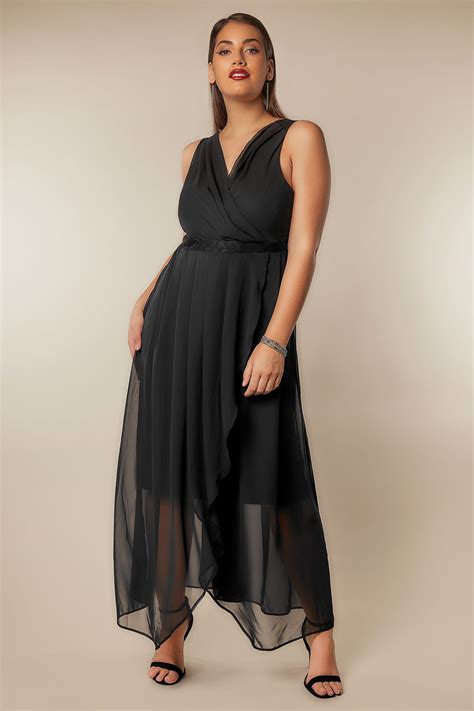 Black Chiffon Maxi Dress With Wrap Front And Lace Details Plus Size 16 To 36
