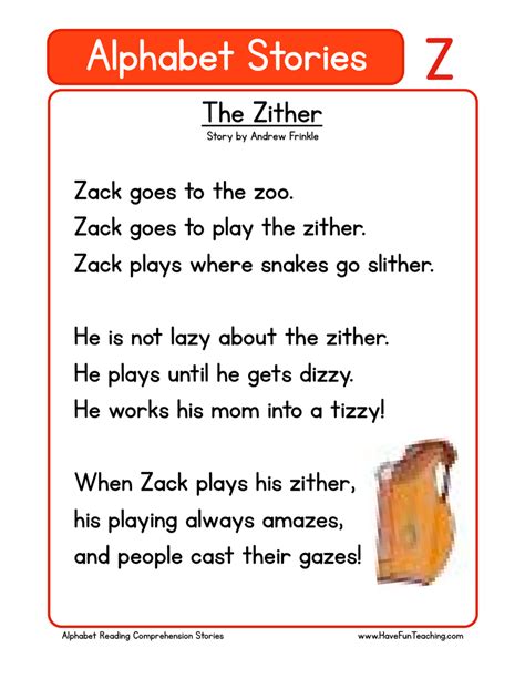 Alphabet Stories Z Reading Comprehension Activity