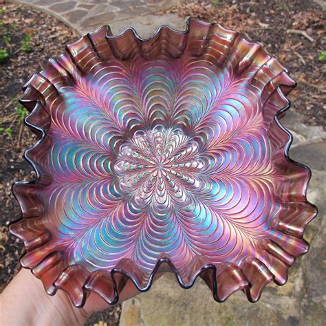 Fenton Peacock Tail Square Carnival Glass Bowl Amethyst Antique Carnival Glass