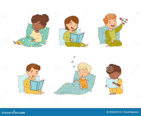 Cute Little Children Getting Ready To Bedtime Reading Book And Sleeping