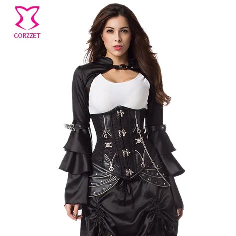 black brocade chain women corselet underbust steel boned corsets and bustiers gothic steampunk