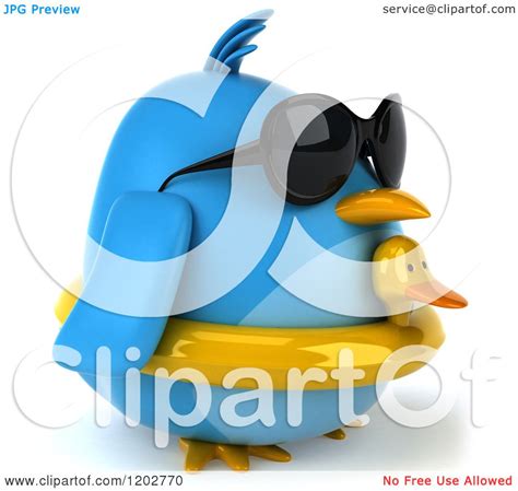 Clipart Of A 3d Chubby Blue Bird Wearing Sunglasses And A Ducky Inner
