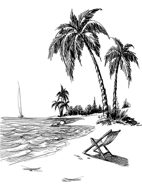 Beach Line Art Printed Photo Background 7407 Dropplace Palm Tree